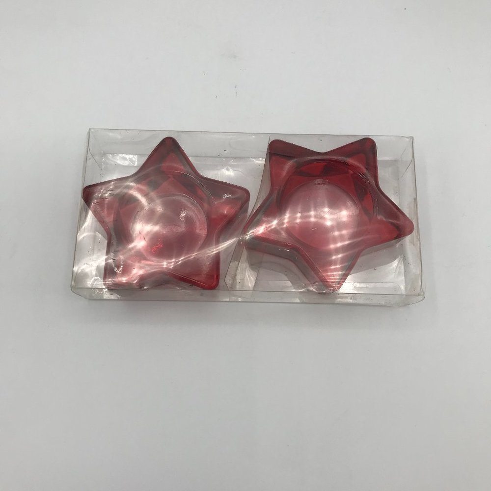 Holiday Red Star Tea Light Candle Holder Thick Glass Decorative Set of 2